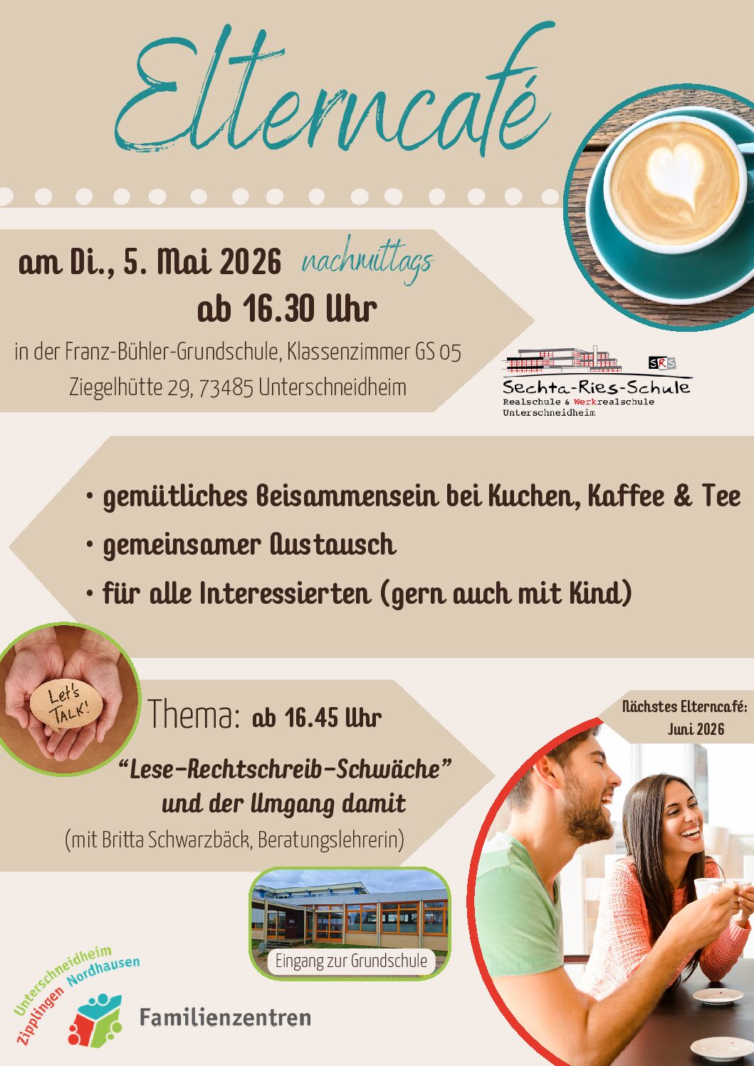 Elterncafé am 5. Mai zum Thema: Lese-Rechtschreib-Schwäche mit Britta Schwarzbäck